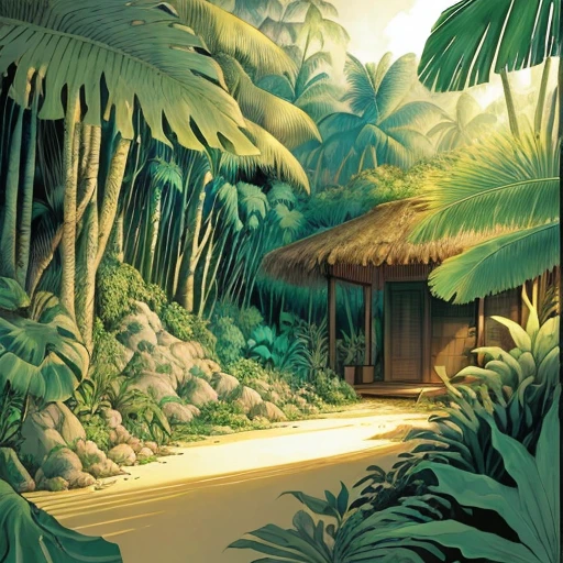 (masterpiece), (best quality), a drawing of a tropical jungle in a lost world, line art in colour, (ligne claire, strong lines, no hatching), (((by Edgar P. Jacobs))), by Jacques Martin, www.dargaud.com/bd/blake-mortimer?