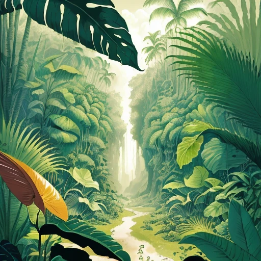(masterpiece), (best quality), a drawing of a tropical jungle in a lost world, line art in colour, (ligne claire, strong lines, no hatching), (((by Edgar P. Jacobs))), by Jacques Martin, www.dargaud.com/bd/blake-mortimer?