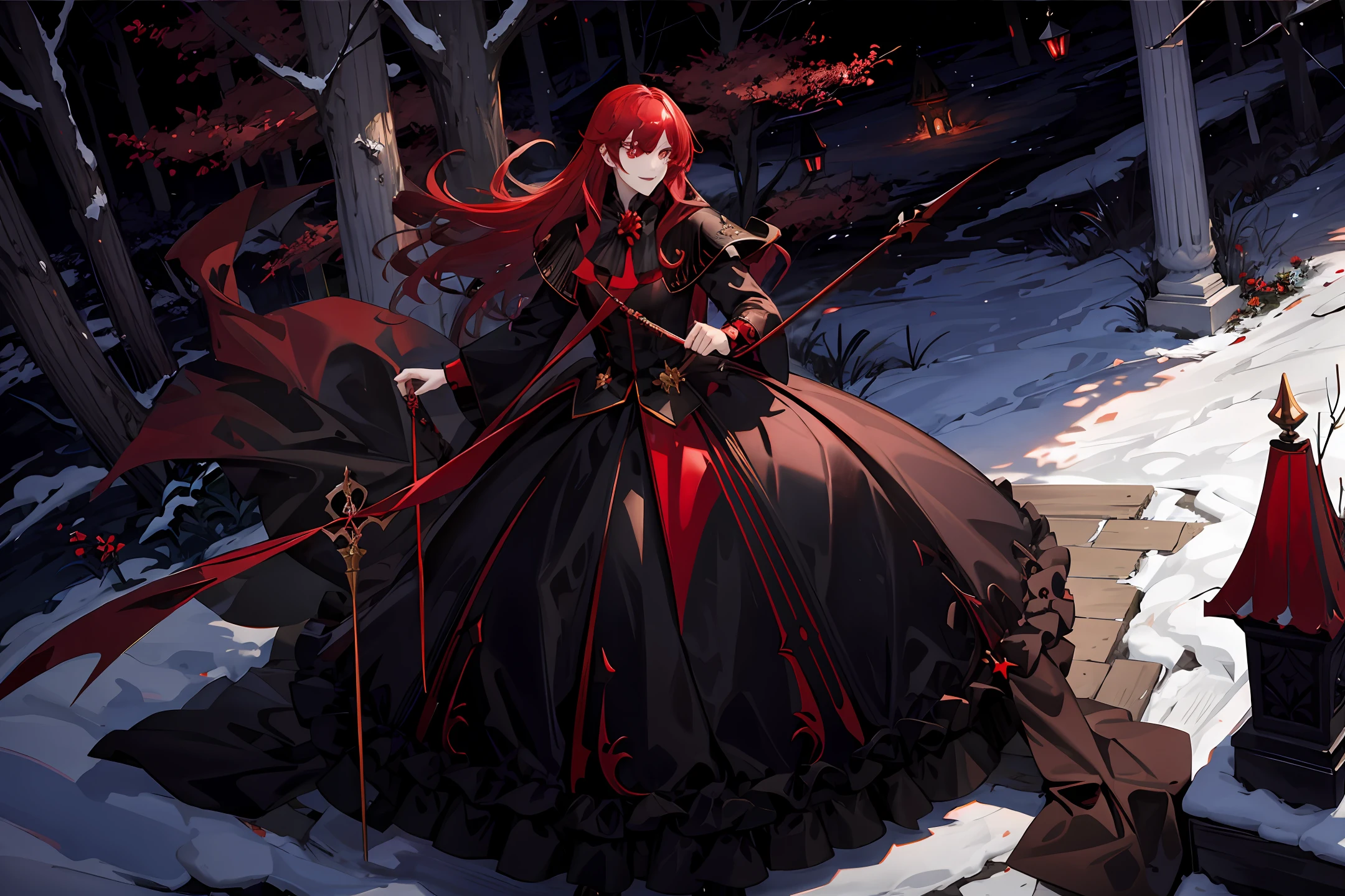 vampire prince male , tall , handsome, red eyes , fangs , scary beautiful smile , vampire prince dress , long red colour hair ,full body , scary vampire palace at background, dark forest , moon light view altogether