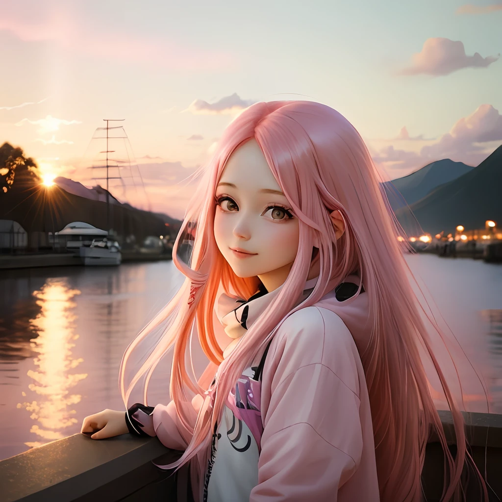pink hair, pretty, long long hair, pink eyes, sweet, girl, happy, pink sky
