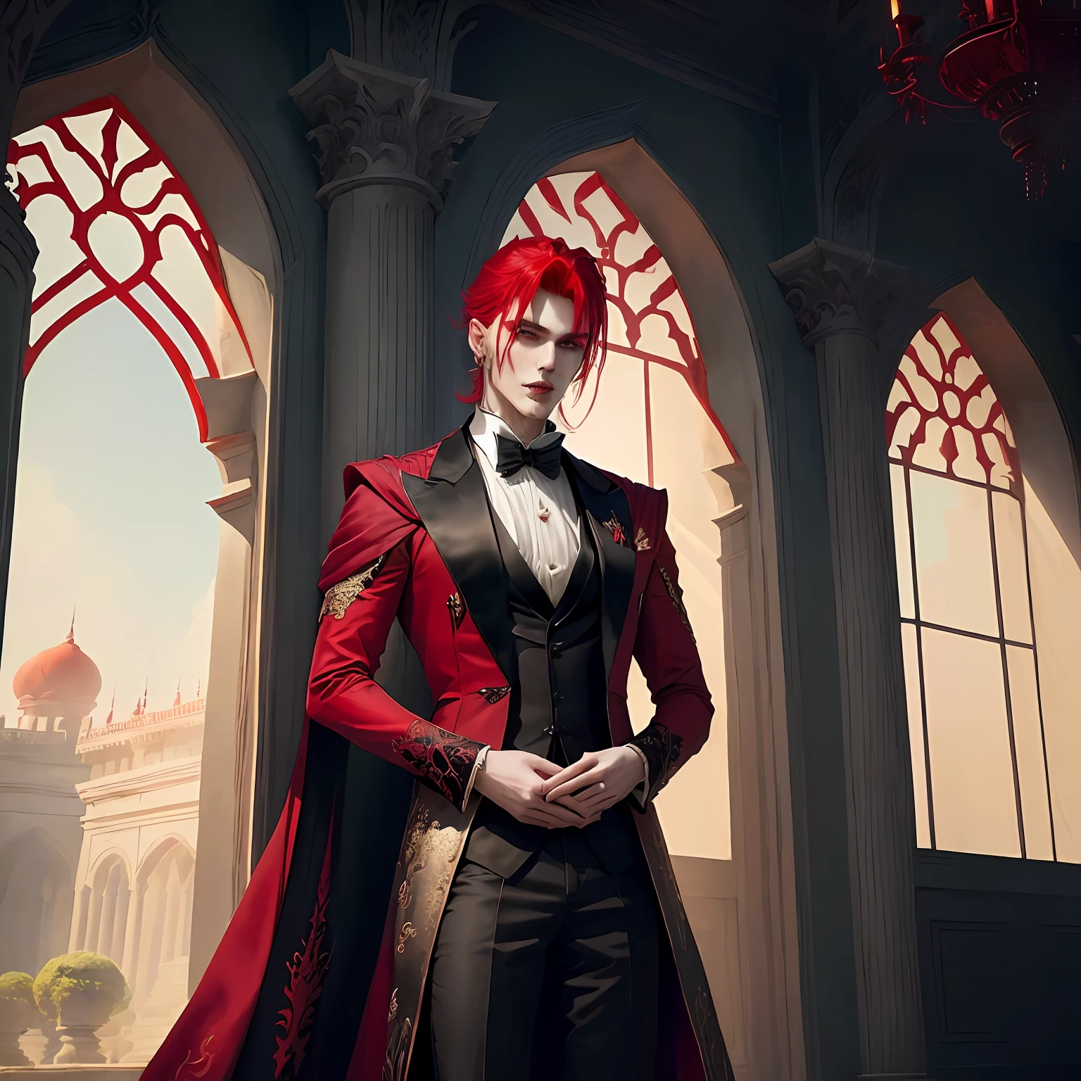 vampire prince with red colour hair , tall , handsome man who lives in beautiful palace with beautiful garden which surrounds moonlight