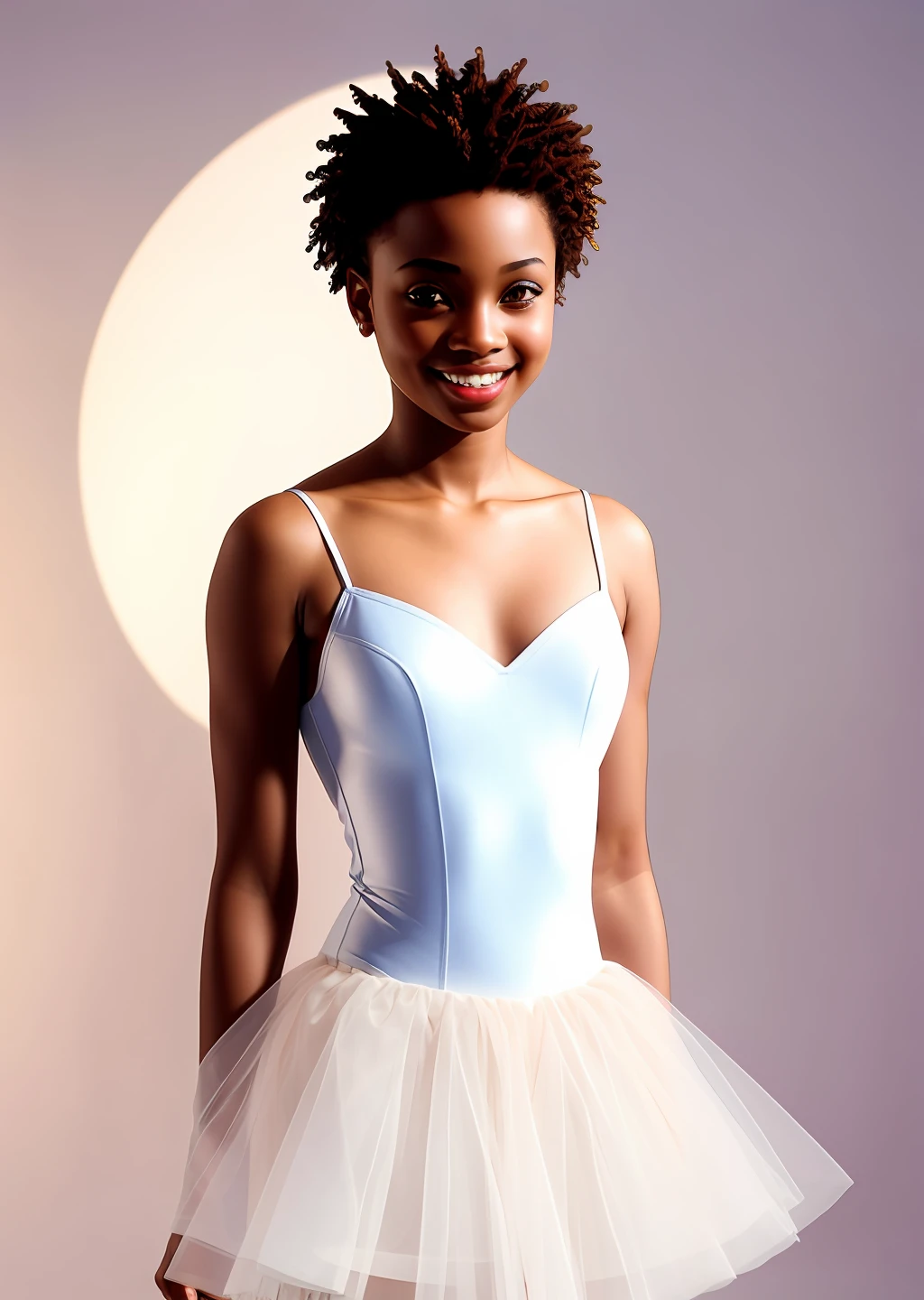 Fashion model photography, ballet dress, strong sense of design, medium shot, South African girl, short hair, hair accessories, delicate skin, smile, simple background, high texture, glare backlight, professional studio lighting