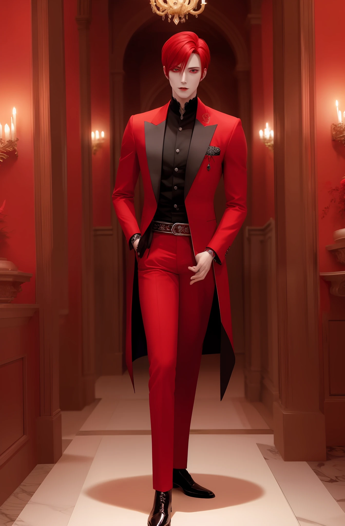 vampire prince with red colour hair , red colour eyes , tall , handsome man who lives in beautiful palace with beautiful garden which surrounds moonlight , clear vision, no blur