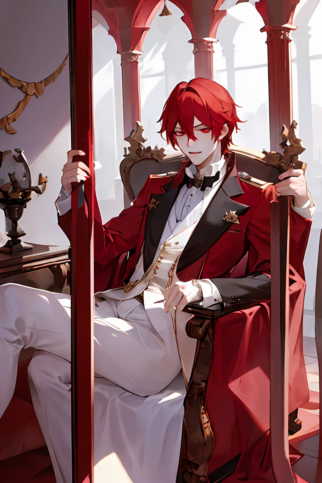 vampire prince with red colour hair , red colour eyes , tall , handsome man who lives in beautiful palace with beautiful garden which surrounds moonlight , clear vision, no blur