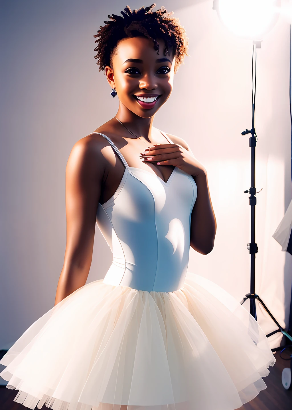 Fashion model photography, ballet dress, strong sense of design, medium shot, South African girl, short hair, hair accessories, delicate skin, smile, simple background, high texture, glare backlight, professional studio lighting