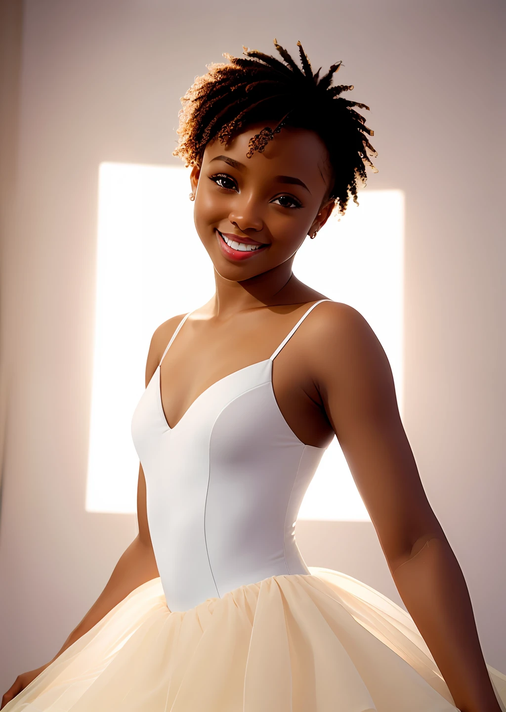 Fashion model photography, ballet dress, strong sense of design, medium shot, South African girl, short hair, hair accessories, delicate skin, smile, simple background, high texture, glare backlight, professional studio lighting