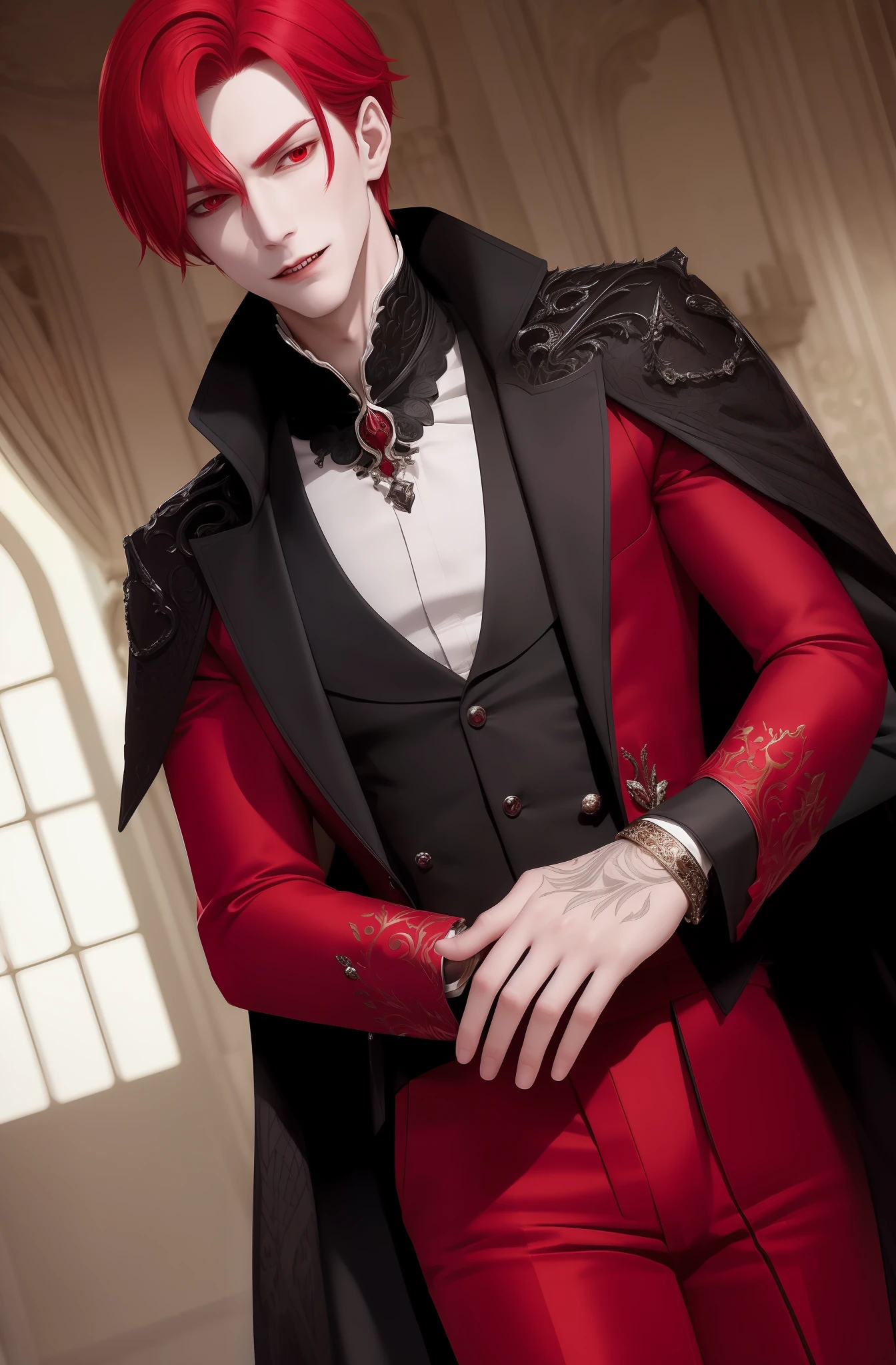 vampire prince with red colour hair , tall , handsome man who lives in beautiful palace with beautiful garden which surrounds moonlight-upscale -