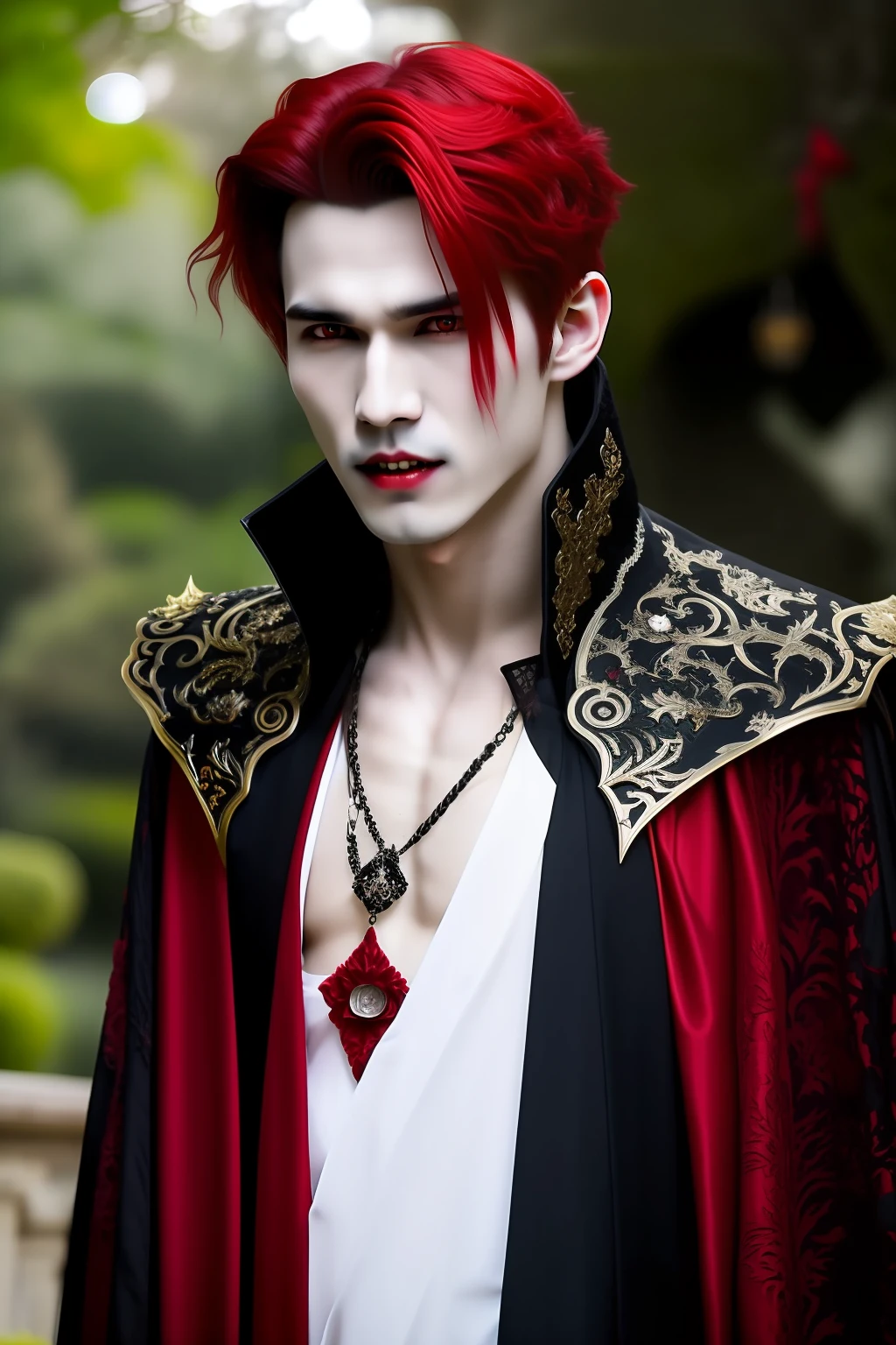 vampire prince with red colour hair , red eyes , showing fangs , tall , handsome man who lives in beautiful palace with beautiful garden which surrounds moonlight , clear vision no blur