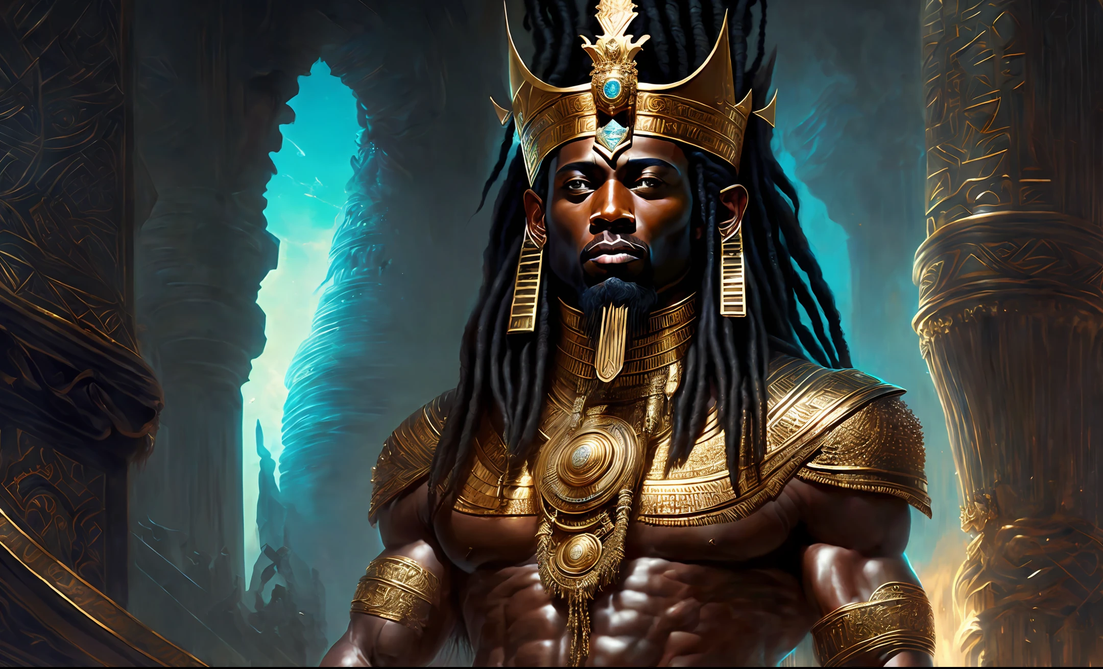 Highly (dynamic:1.2) scene art detailed (rutkowski:1.2) ((pharaoh crown of ramses)), handsome, (dark skin), ((long woven dreadlocks)) ((muscular)), (fantastic amazing decoration:1.2), explosive volumetric, Delightful anatomy, (fantastic god perfect art, 64k ultra hd:1.1), (art by apterus, art by dan mumford:1.2)