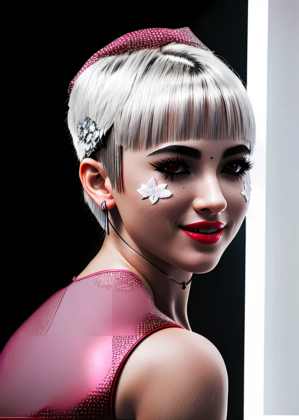 Fashion model photography, ballet dress, strong sense of design, medium shot, white girl, short hair, hair accessories, delicate skin, smile, simple background, high texture, glare backlight, studio professional lighting