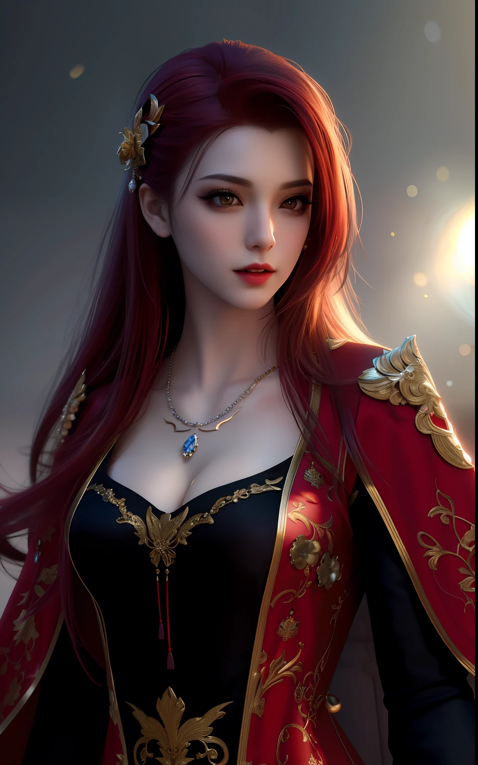 vampire, full body best quality, masterpiece, highres, 1girl,china dress,red hair, hair ornament,necklace, jewelry,Beautiful face,upon_body, tyndall effect,photorealistic, dark studio, rim lighting, two tone lighting,(high detailed skin:1.2), 8k uhd, dslr, soft lighting, high quality, volumetric lighting, candid, Photograph, high resolution, 4k, 8k, Bokeh