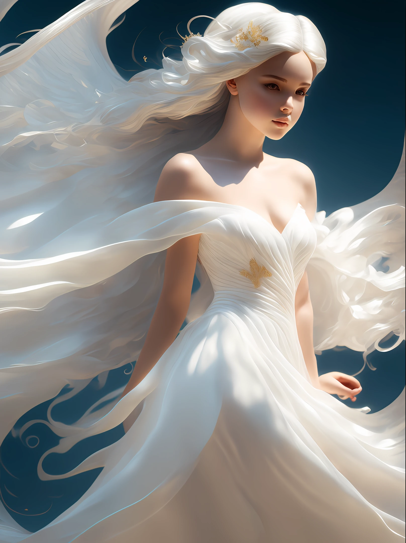 young girl angel, with floating hair, flowing white gown, highly detailed, digital painting, artstation, concept art, smooth, sharp focus, illustration, unreal engine 5, 8k, art by artgerm and greg rutkowski and alphonse mucha