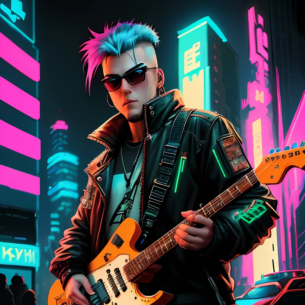 man with electric guitar, cyberpunk style, in the style of 80s sci-fi art, soviet-style cyberpunk, detailed cyberpunk illustration, in the style of Lori Grisley, a masterpiece of epic retrowave art