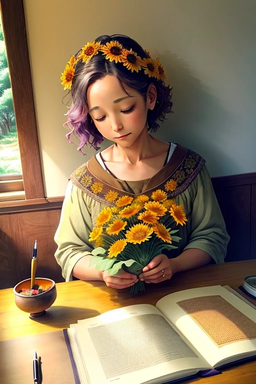 flower, dandelion, daisy, sunflower, miniature violet, marigold, morning light, sunlight, ikebana flowers, foggy fall morning in vermont with colorful trees, renaissance style, feeling contentment, feeling caring, fey, dreamlike, pastel colors, watercolor with pen and ink --ar 2:3 --hd