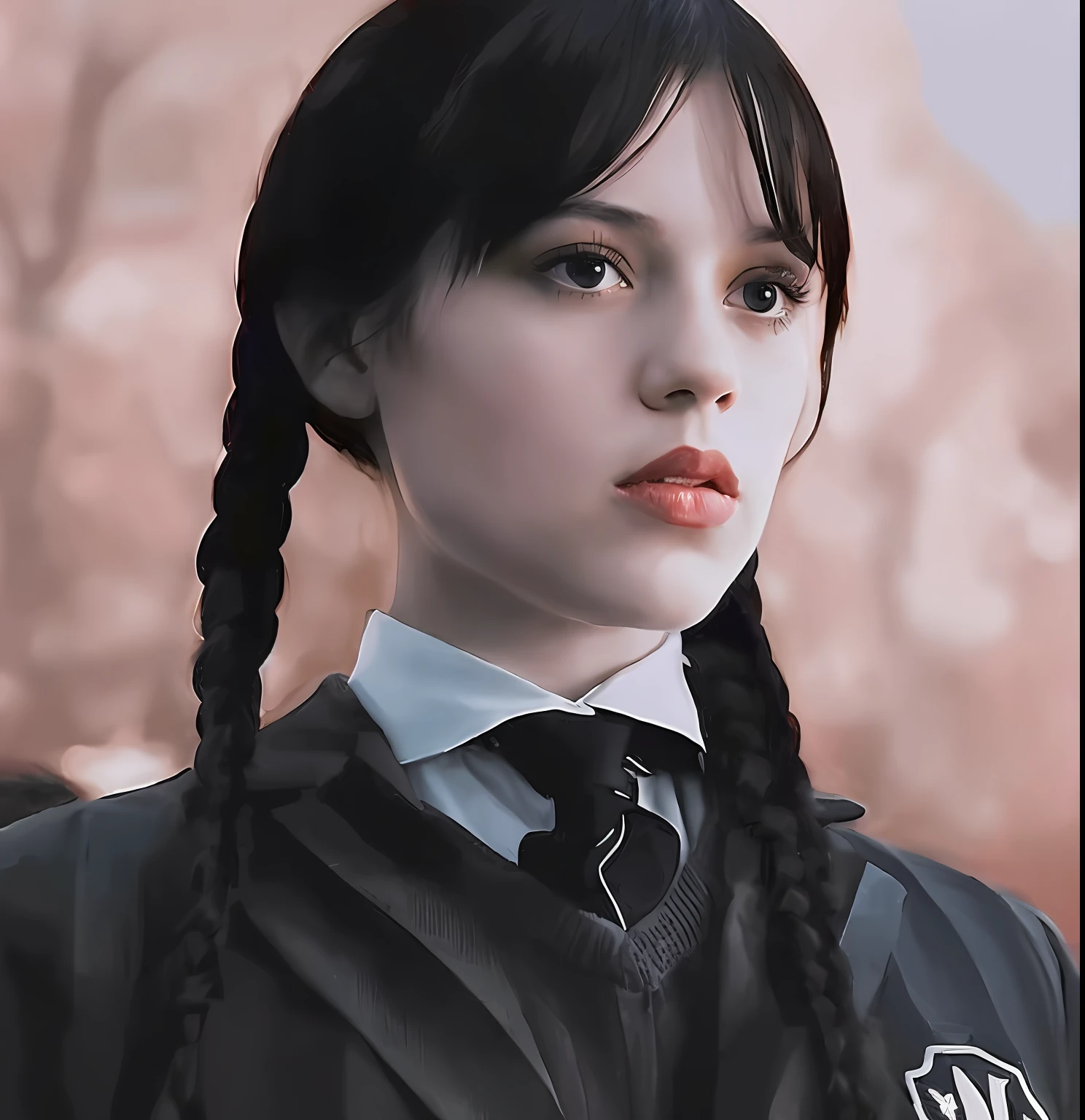 RAW photo of this 20 year old Jenna Ortega as Wednesday Addams, black hair in two pigtails with bangs, pale face, in her black bodysuit, armor, looking up, stern, art portrait of martin ensign, martin ensign inspired by alex ross , galen dara, fan art, superhero portrait inspired by stanley artgerm, wojtek vanity. ross tran 8k, by alexandr kucharsky, photorealistic fan art, arthur pan, black and white art style, 8k 3d, hard edge, infinity grids, machine aesthetics, bright bold design.