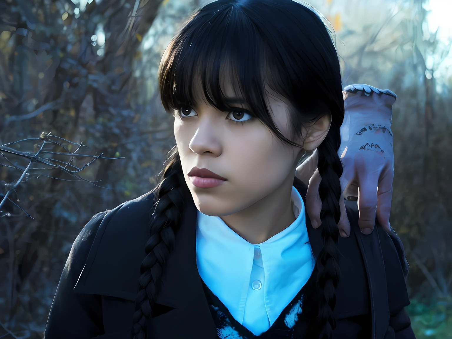RAW photo of this 20 year old Jenna Ortega as Wednesday Addams, black hair in two pigtails with bangs, pale face, in her black bodysuit, armor, looking up, stern, art portrait of martin ensign, martin ensign inspired by alex ross , galen dara, fan art, superhero portrait inspired by stanley artgerm, wojtek vanity. ross tran 8k, by alexandr kucharsky, photorealistic fan art, arthur pan, black and white art style, 8k 3d, hard edge, infinity grids, machine aesthetics, bright bold design.