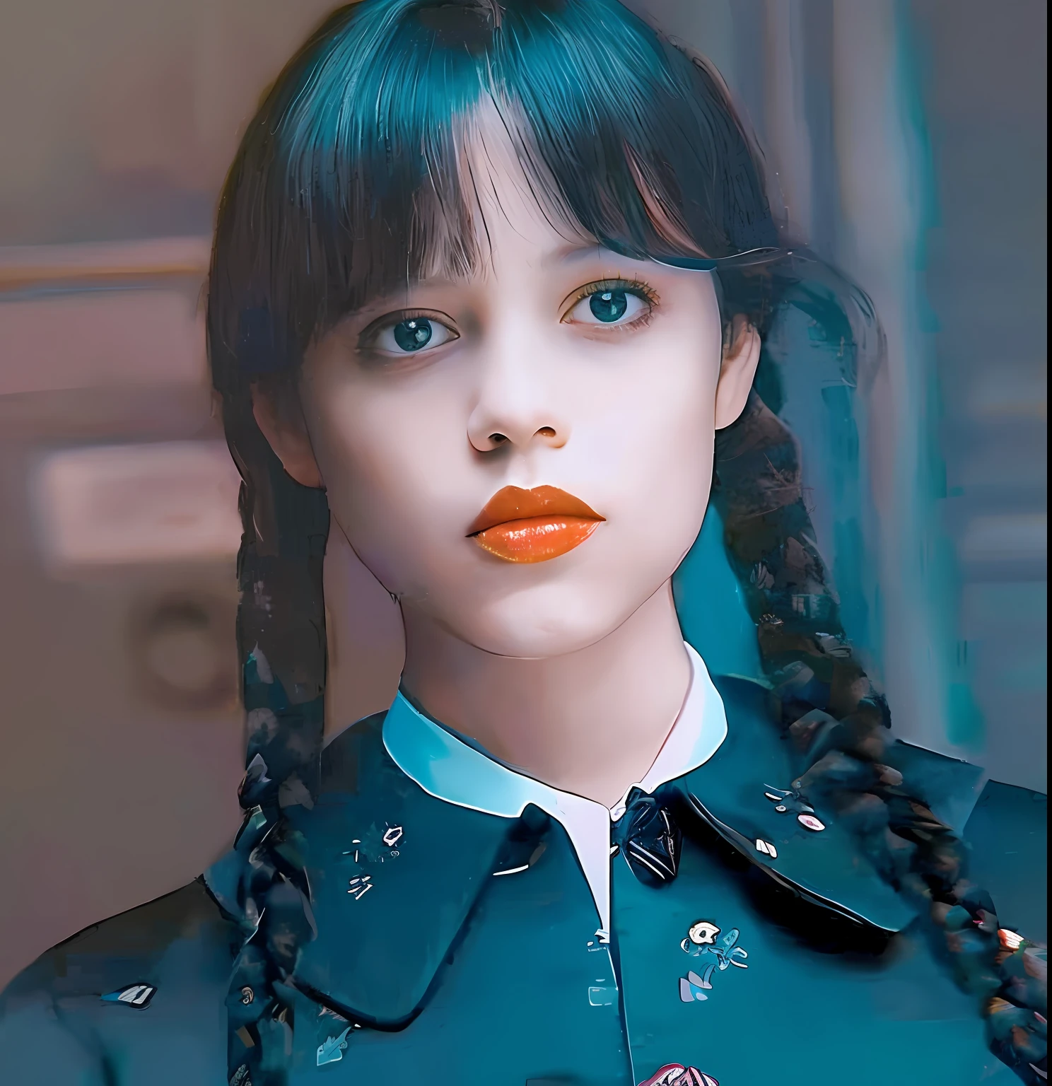RAW photo of this 20 year old Jenna Ortega as Wednesday Addams, black hair in two pigtails with bangs, pale face, in her black bodysuit, armor, looking up, stern, art portrait of martin ensign, martin ensign inspired by alex ross , galen dara, fan art, superhero portrait inspired by stanley artgerm, wojtek vanity. ross tran 8k, by alexandr kucharsky, photorealistic fan art, arthur pan, black and white art style, 8k 3d, hard edge, infinity grids, machine aesthetics, bright bold design.