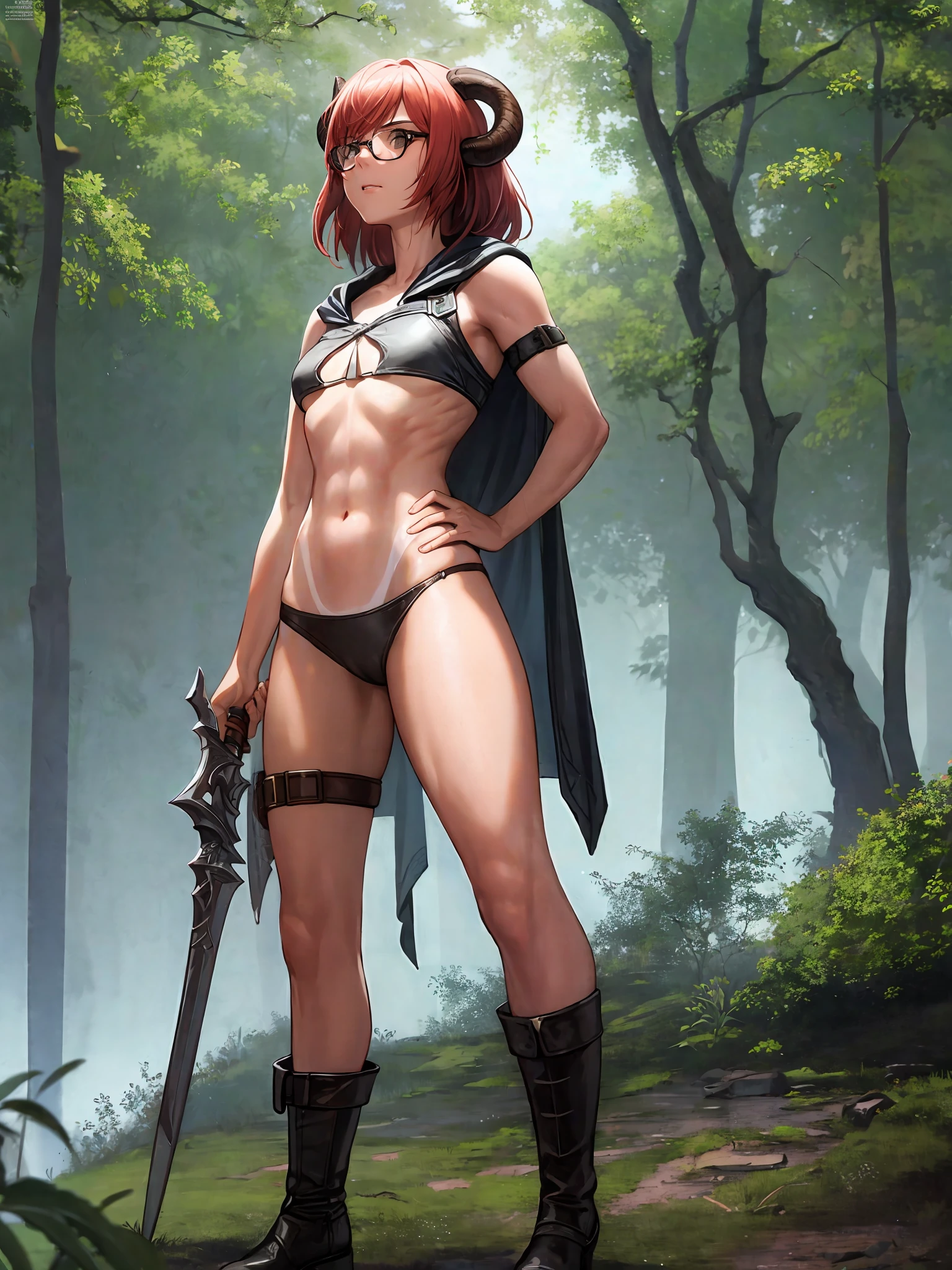 ((masterpiece, best quality)), (1girl, small breast), tanlines, dark skin, tan ,disgust, from below, standing, hands on hips, full body, wide shot, red short hair, demon horns, (cloak, glasses, underboob), (breast harness, muscular, wide hips, thick thighs, midriff, thigh strap, leather long pants), boots, ((hold dagger on handle, dagger fighting stance, outdoor, adventurer, thief \(final fantasy\))), forest, dungeon background, nature, medieval time, reflected light, ray tracing, delicate background, ((wide shot))  ((detailed facial features)), shallow depth of field, [volumetric fog], cinematic lighting, reflections, 8k resolution, delicate,absurdres,realism, absurdres, High Detail, (ray tracing), highres, ultra detailed, physically-based rendering, ultra realistic, natural lighting, (extremely detailed CG 8k wallpaper), (an extremely delicate and beautiful), (masterpiece), (best quality:1.0), (ultra highres:1.0), beautiful lighting, realistic shadows, [highres], detailed skin, ultra-detailed, (realistic, photorealistic : 1.4)