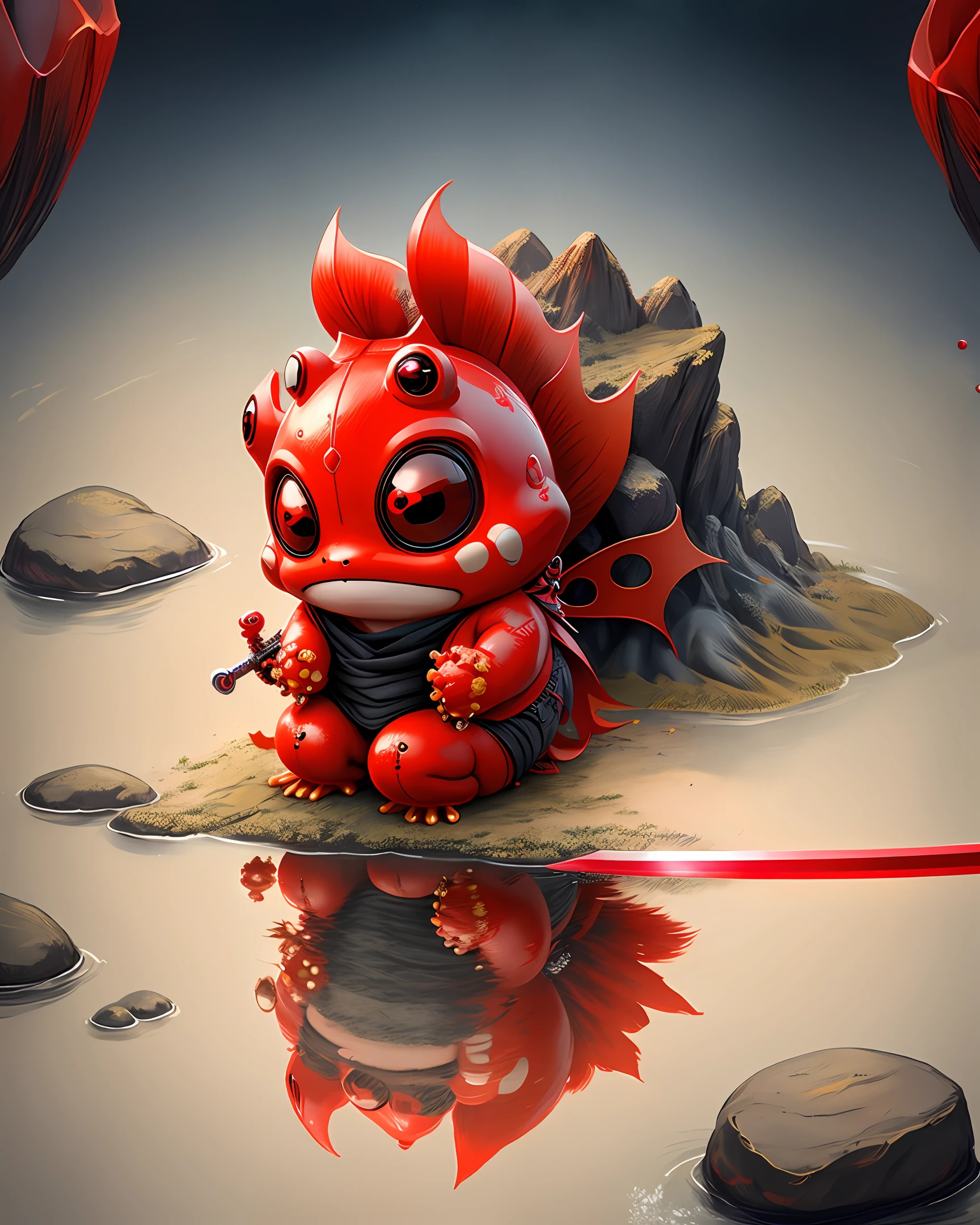 masterpiece of cute creatures with ultra-detailed, red Frog ninja, holding sword, close up, 8k, full body, unreal engine, phantasy creature