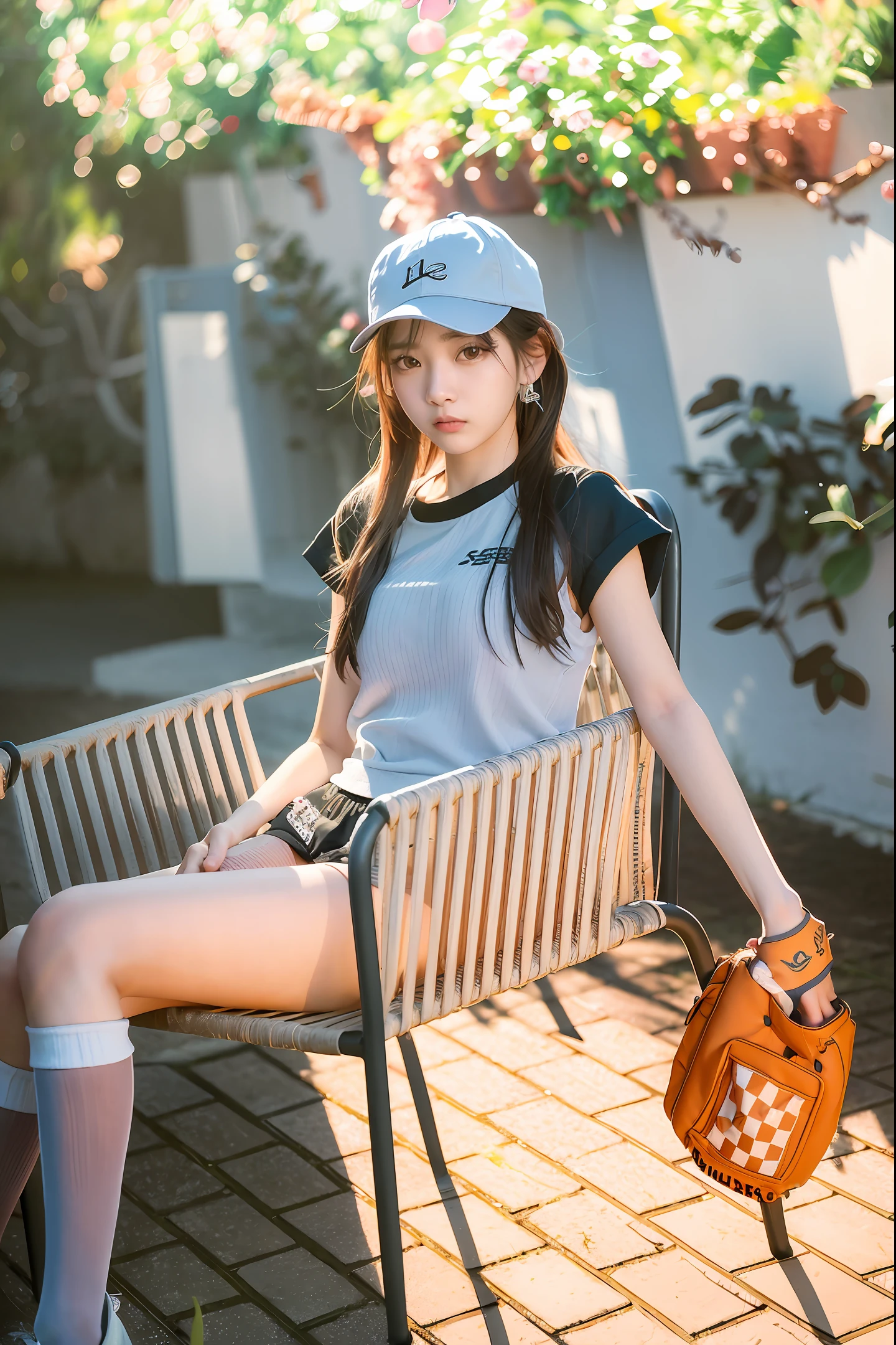 there is a woman sitting on a bench with a baseball glove, ulzzang, she is wearing streetwear, taejune kim, korean women's fashion model, jinyoung shin, tzuyu from twice, kim doyoung, jisoo from blackpink, shot on canon eos r 5, shot on canon eos r5, heonhwa choe, mid shot portrait