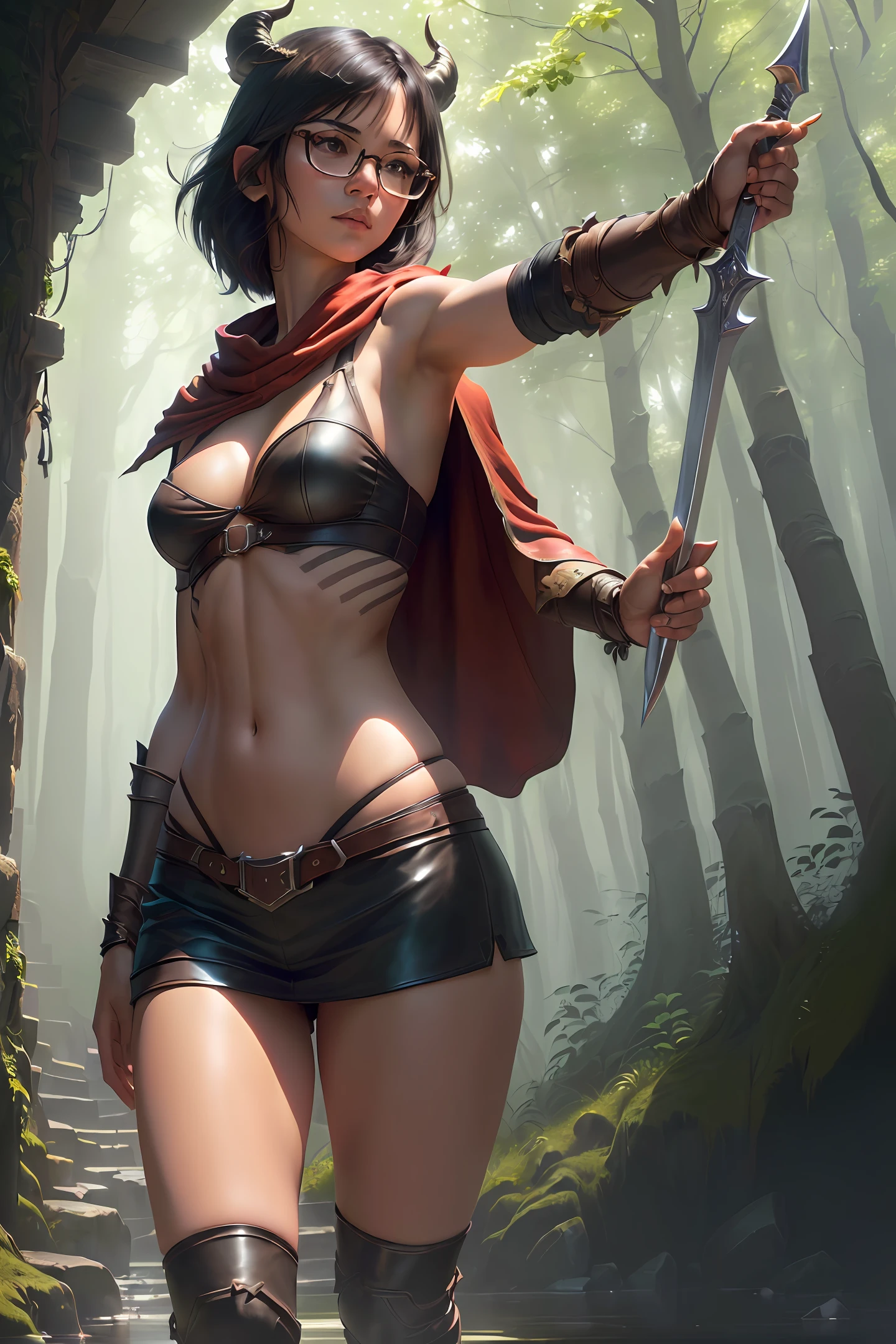 ((masterpiece, best quality)), (1girl, small breast), tanlines, dark skin, tan ,disgust, from below, standing, hands on hips, full body, wide shot, red short hair, demon horns, (cloak, glasses, underboob), (breast harness, muscular, wide hips, thick thighs, midriff, thigh strap, leather long pants), boots, ((hold dagger on handle, dagger fighting stance, outdoor, adventurer, thief \(final fantasy\))), forest, dungeon background, nature, medieval time, reflected light, ray tracing, delicate background, ((wide shot))  ((detailed facial features)), shallow depth of field, [volumetric fog], cinematic lighting, reflections, 8k resolution, delicate,absurdres,realism, absurdres, High Detail, (ray tracing), highres, ultra detailed, physically-based rendering, ultra realistic, natural lighting, (extremely detailed CG 8k wallpaper), (an extremely delicate and beautiful), (masterpiece), (best quality:1.0), (ultra highres:1.0), beautiful lighting, realistic shadows, [highres], detailed skin, ultra-detailed, (realistic, photorealistic : 1.4)