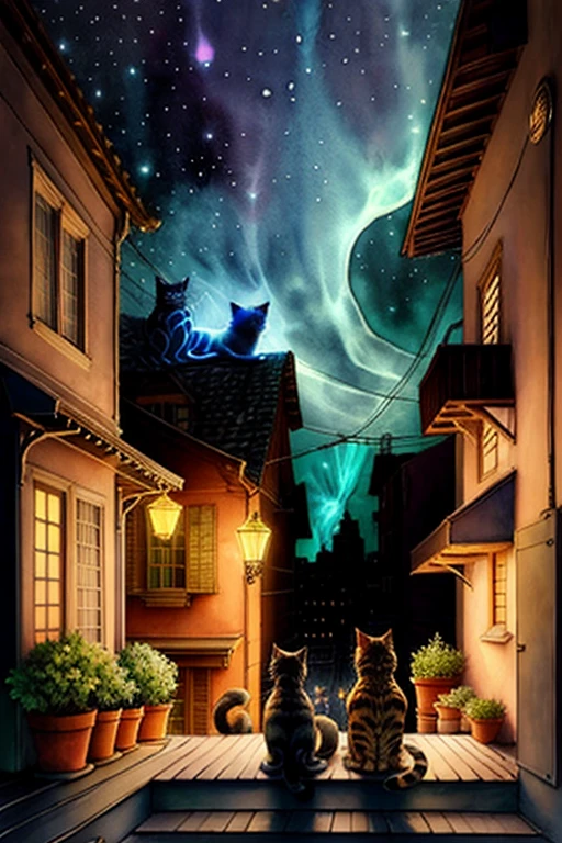 cute cats on a city rooftop, watercolor, Bioluminescence, by Michelangelo, by William Morris, Modernism, Cinema 4D, Normal perspective, Fantasy scene --ar 4:7 --uplight --hd