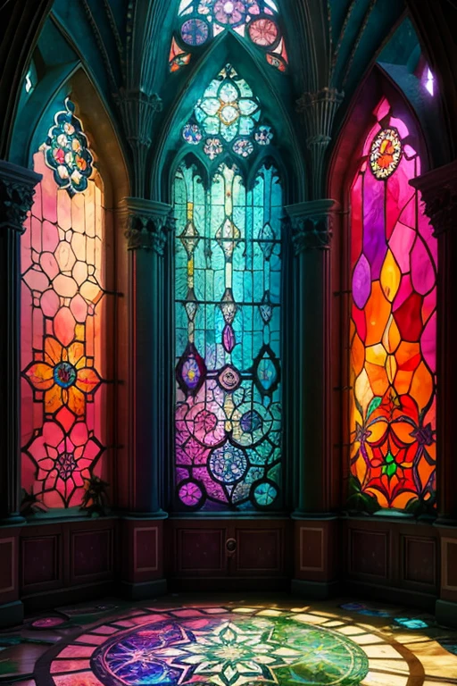 the inside of a ocean ::3 light streaming through colorful broken stained-glass windows, fallen mandala style overgrown plants, rotted buttons, Lonicera japonica growing through cracks, solarpunk, hyperdetailed, volumetric lighting, graceful Armenian architecture, arches and curves, levels, symmetry and peace, magical fantasy, surreal, chiaroscuro, banded sunlight, bloom core, New Game anime style, rendered in octane -