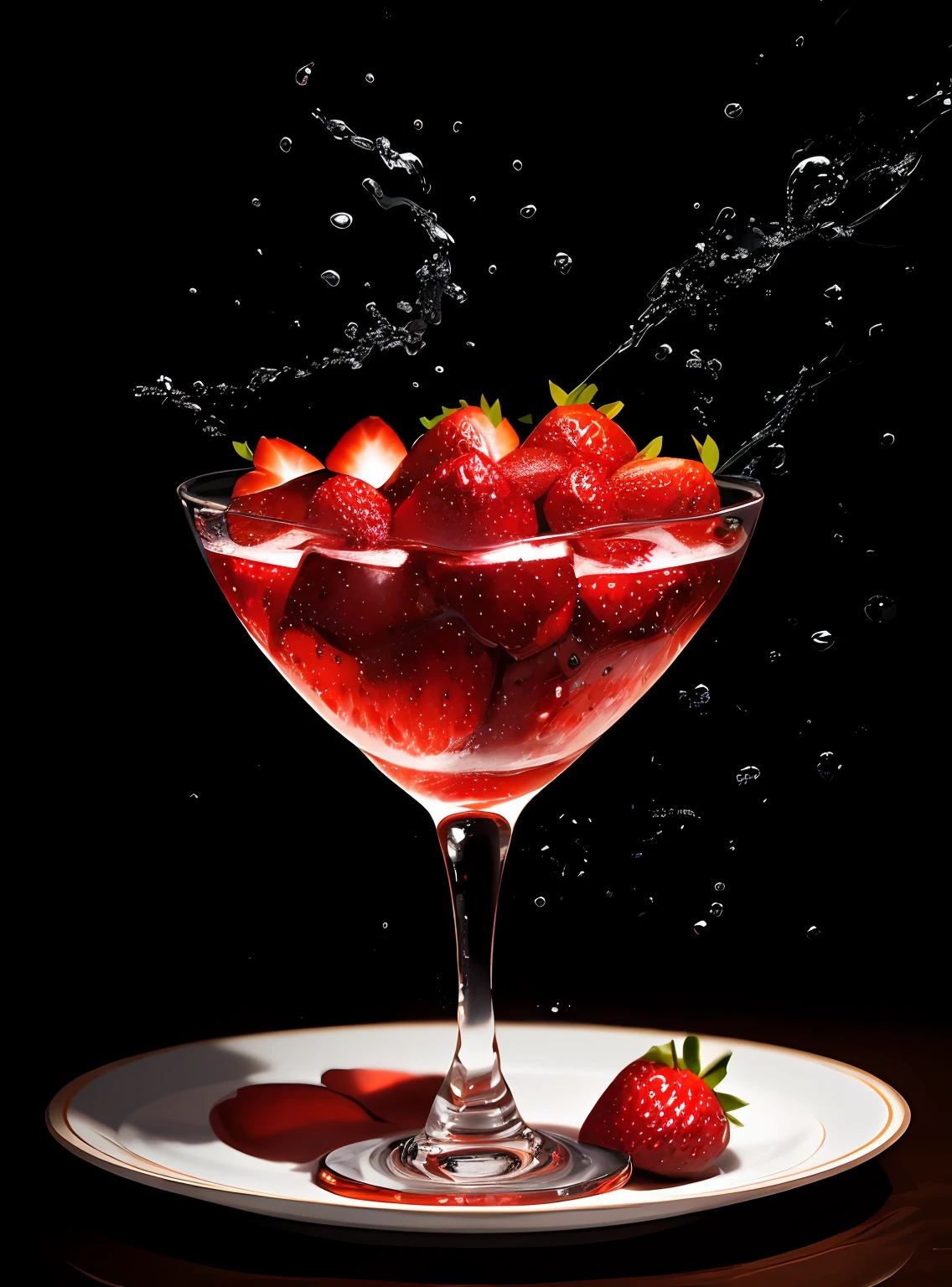 araffe splashes on a plate of strawberries, photorealistic painting by Alexey Venetsianov, Shutterstock winner, photorealism, amazing food photography, 4k food photography, 4k food photography, high speed photography, slow motion, ultra high speed photography, food photography photography, food art photography, extremely detailed CG Unity 8k wallpaper, award-winning photography, bokeh, depth of field, HDR, bloom, chromatic aberration, photorealistic, highly detailed, popular on artstation, popular in CGsociety, complex, high detail, dramatic, intermediate art, ambient lighting