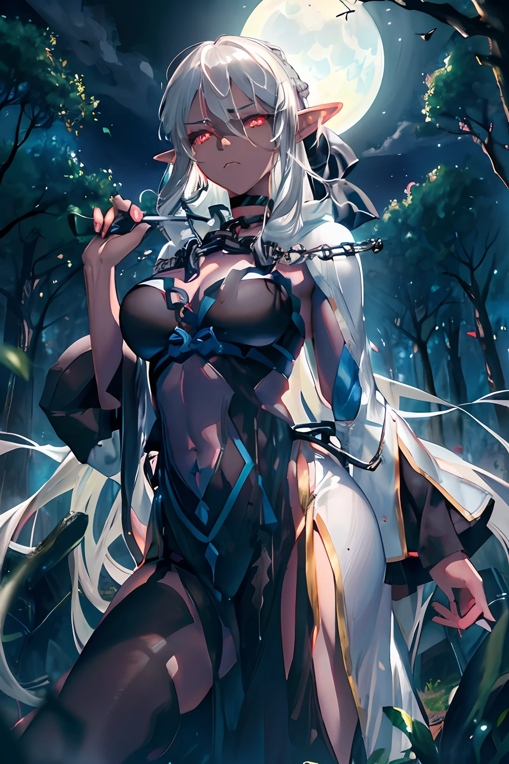 Fantasy, 1 girl, Outdoors, Elf, ((Dark skin)), Gray hair, Red eyes, Big breasts, Navel, Braids, (Forest), (Masterpiece, Top quality), Side lighting, Beautifully detailed eyes, (Night), Moon: 1.2), Angry Face, Slave Chain, Slave Collar