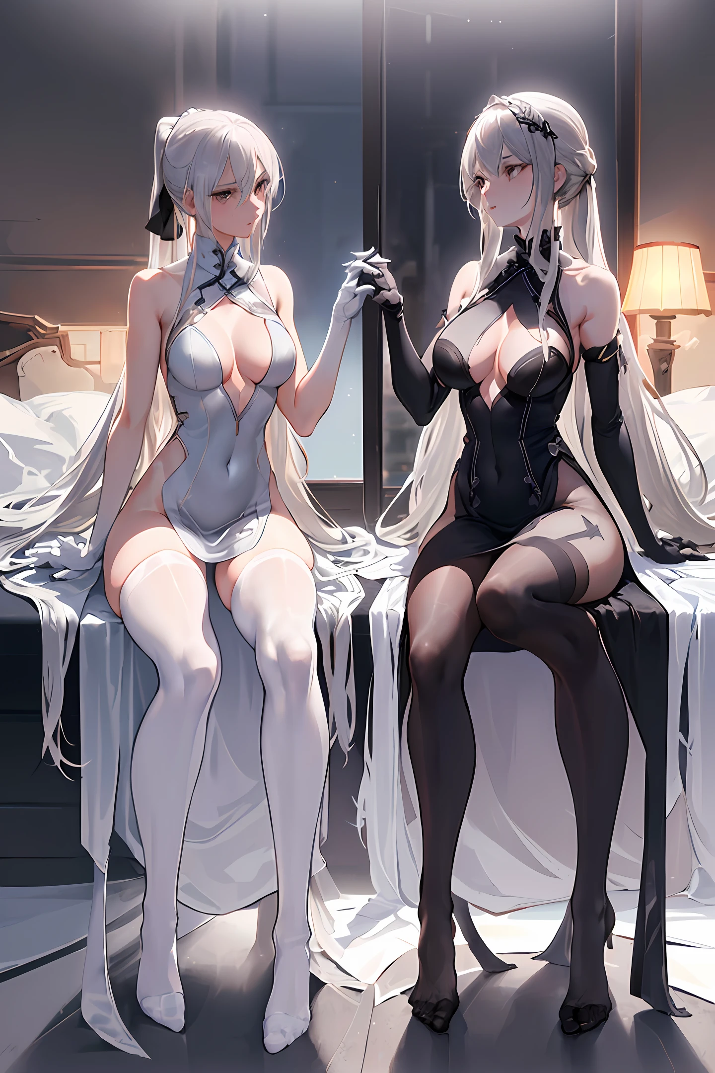 ((2 girls)), ray tracing, (dim light), [real] ((detailed background (bedroom))), ((silver hair)), ((girl with long disheveled silver hair, big boobs but a slender tall ponytail))) is in an ominous bedroom and looks away from the blonde ((and the girls are in intricately embroidered black high-slit cheongsam with pantyhose and white fur trimmelbows They are wearing gloves)), and the girls sitting are in very close contact with each other and showing off their subtlety. A supple figure, supple curves, and correct hands and feet