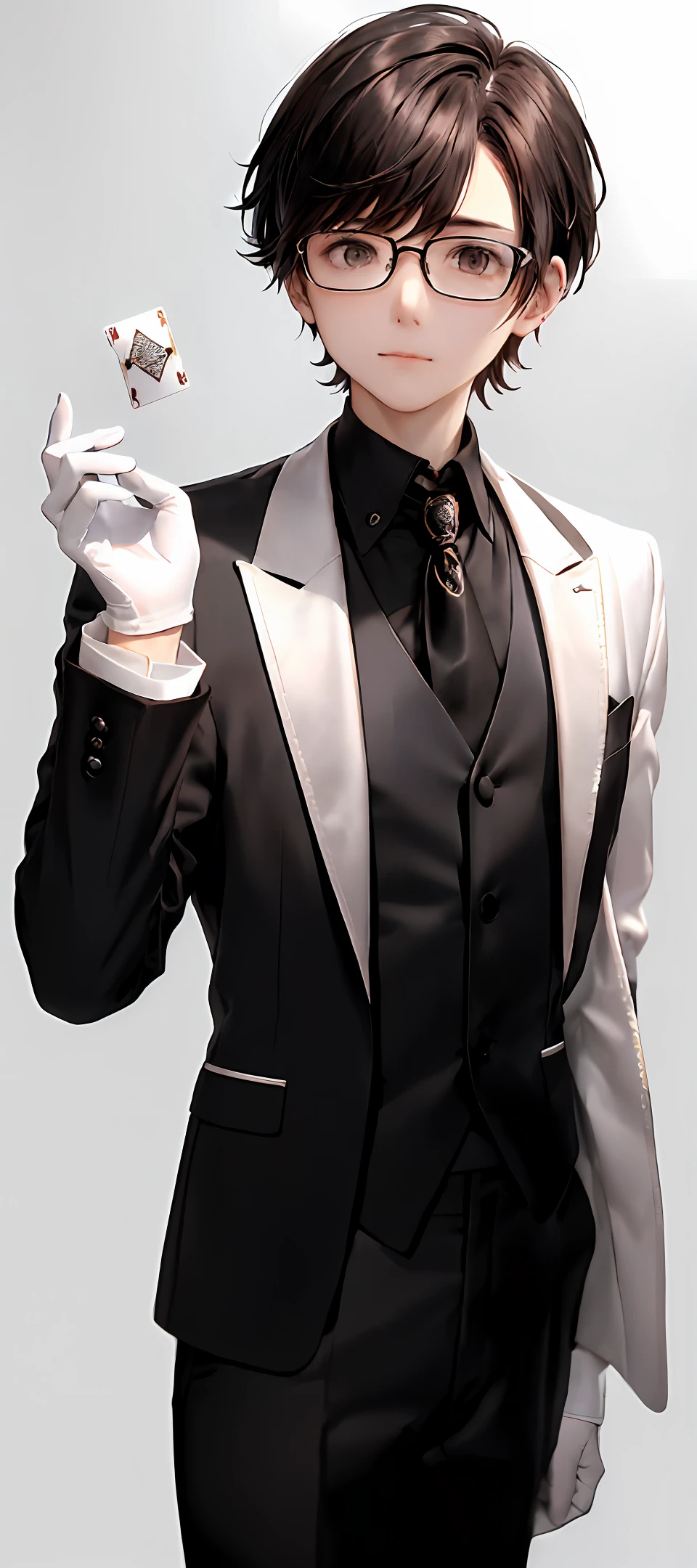 Square picture, anime boy, round metal frame glasses, sakura background, (black shirt, white suit, white tie, black gloves: 3), brown hair, short hair, (loop earing: 2), (playing cards falling: 10)