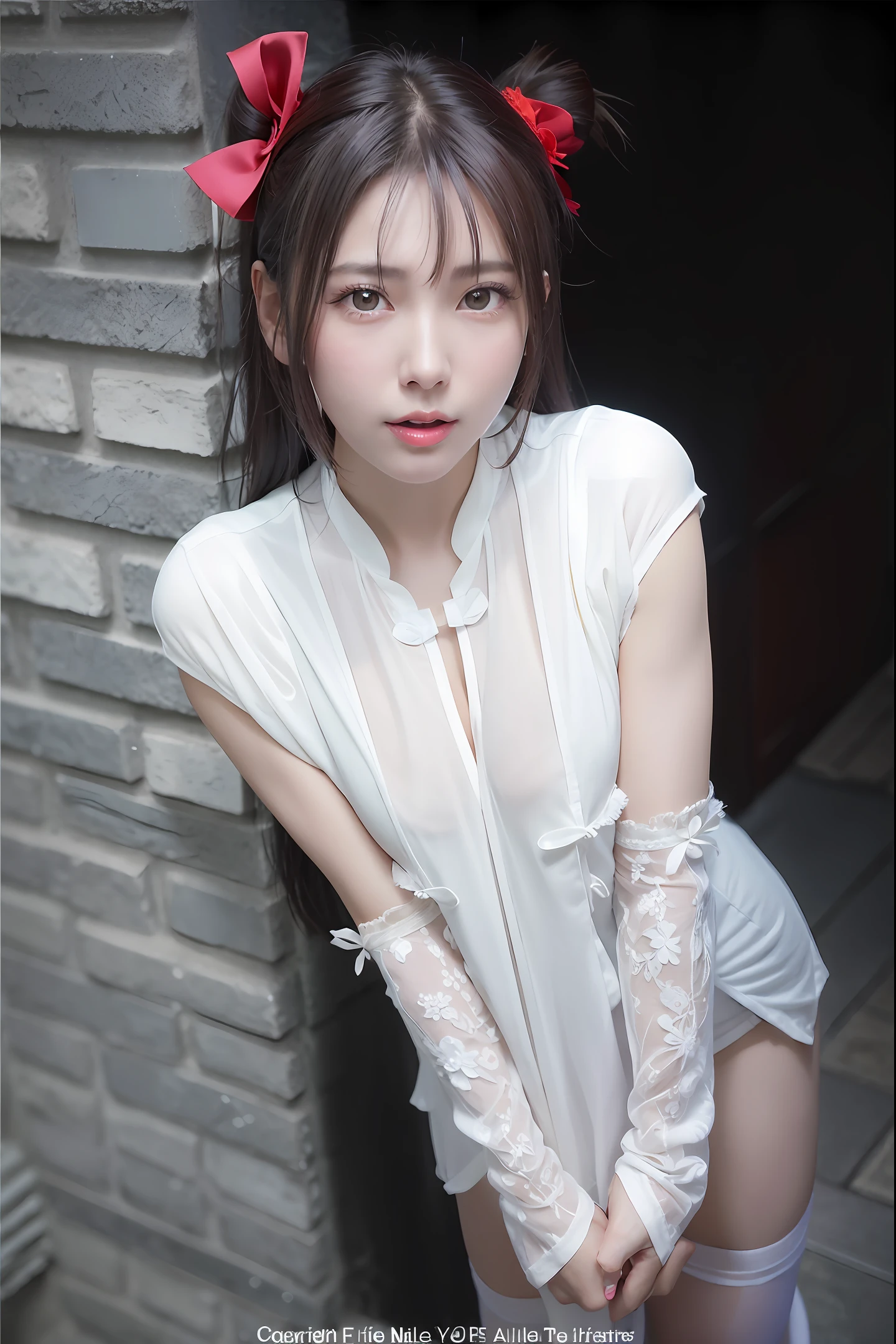 araffe Asian woman in white shirt and white stockings posing for a group photo. White clothes, white clothes, white sleeves, cheongsam, smooth white bodysuit, full body fairy Xia Shaxi, white Han clothes, Yunling Chen Xintong, lu ji, Korean girl, Yang Qi, gorgeous young Korean woman, shiny skin: 1.2), very detailed, super detailed, super high resolution, (realism: 1.4), (best quality), (best shadows), detailed, perfect lighting, dark hair, long hair, (big boobs: 1.3), (abs: 0.5), perfect body, rosy skin, big breasts, cleavage