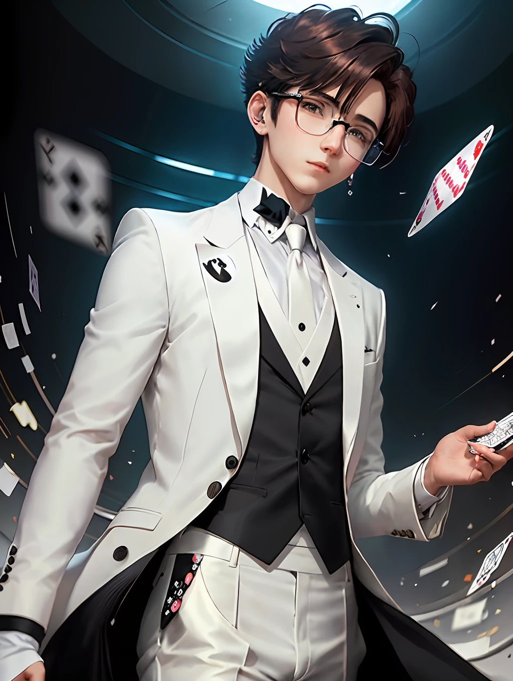 anime boy, circular metal frame glasses, sakura background, (black collared shirt, long white suit coat, white tie, black gloves: 3), brown hair, short hair, (loop earing: 2), (playing cards falling: 10)