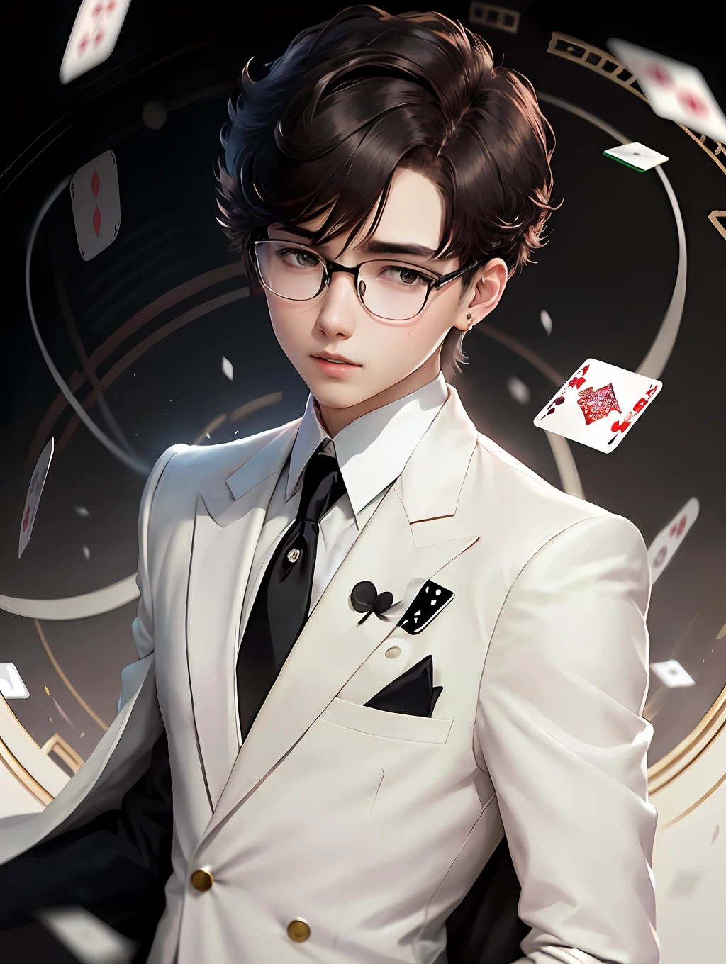anime boy, circular metal frame glasses, sakura background, (black collared shirt, long white suit coat, white tie, black gloves: 3), brown hair, short hair, (loop earing: 2), (playing cards falling: 10)