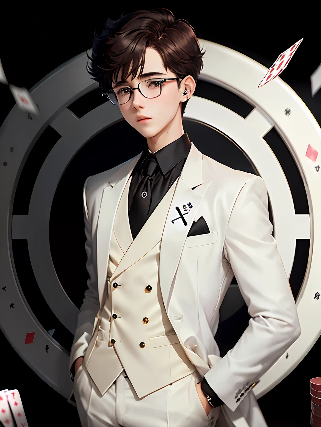 anime boy, circular metal frame glasses, sakura background, (black collared shirt, long white suit coat, white tie, black gloves: 3), brown hair, short hair, (loop earing: 2), (playing cards falling: 10)