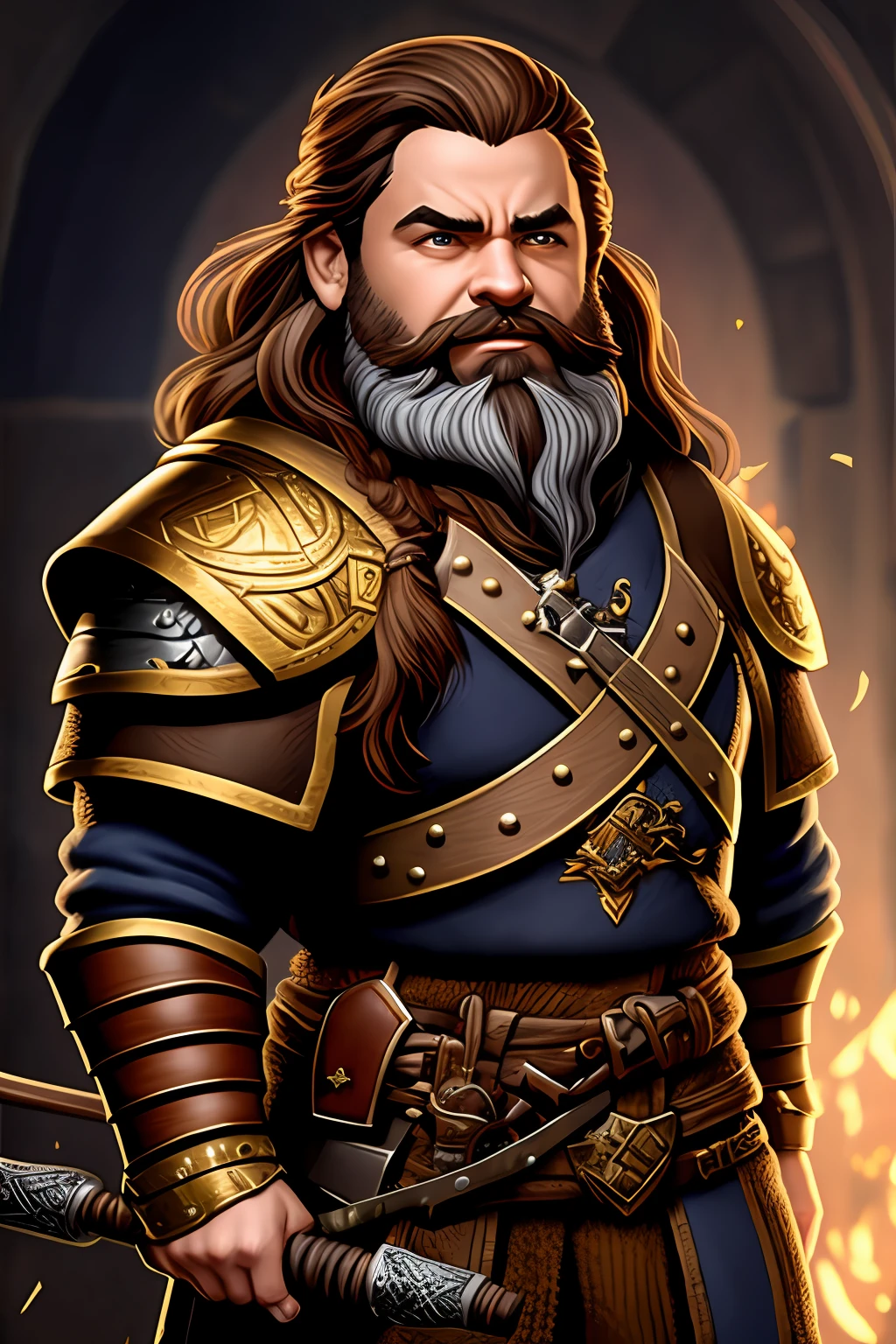 Male dwarf, light skinned, wearing iron armor, golden badge pinned to chest, holding sledgehammer in both hands, long brown beard, brown hair, bust