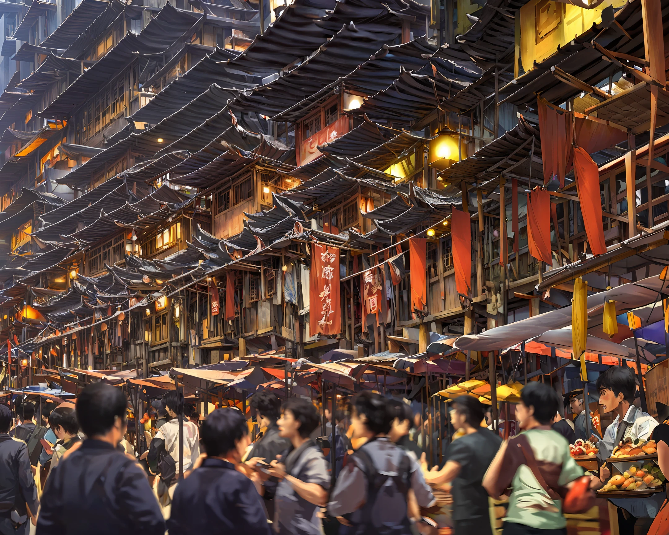 The streets of old Hong Kong, with many street stalls lined up, at dusk,