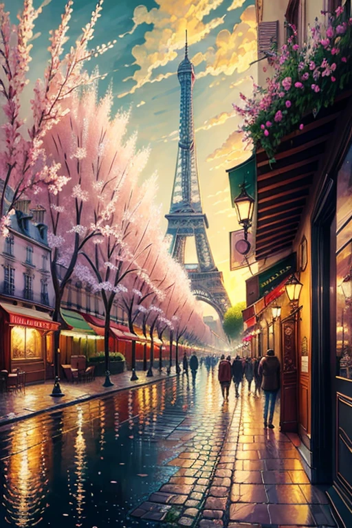 A  beautiful   painting of a Paris in spring , meaningful scene that is moody  in the style of Thomas Kinkade  ,HD 4k , seamless texture