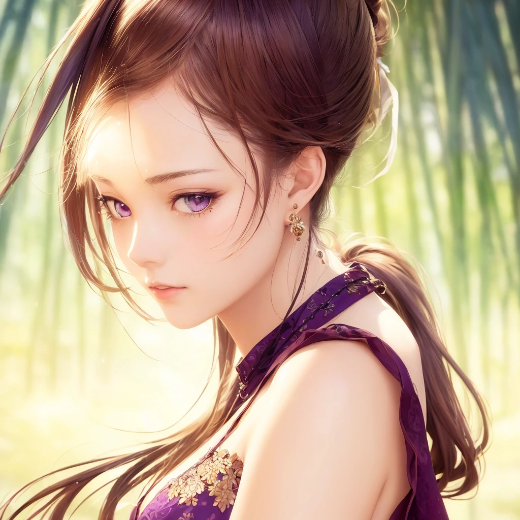 (masterpiece, superb, 8k resolution, extreme detail, anime style), 1 beautiful girl, delicate face, single ponytail, messy long brown hair, detailed eyes, calm, staring, slender figure, bare shoulders, in In the water, hands on chest, (purple gauze dress, see-through fabric, soaked), off sleeves, intricate patterns, necklace, earrings, profile, looking at the camera, bust, garden, green bamboo forest