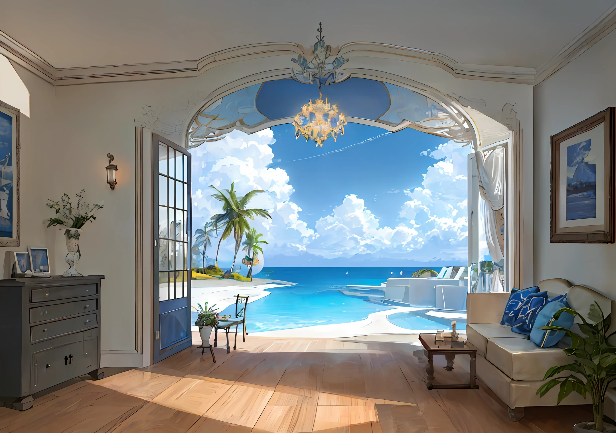 A sunny island in the blue sea with a two-storey villa, film style, moonlight, diamonds, panorama, architectural rendering, detail, scale, masterpiece, 4K, highest quality