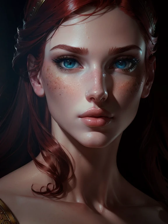 red hair, teal colored eyes, (masterpiece:1.1), (best quality:1.1), (anatomically correct:1.1), (perfect arms:1.1), ((detailed face:1.3)), (detailed skin), (perfect eyes), (perfect nose), (realistic), octane render, sharp focus,(8k), (4k), (Masterpiece), (Best Quality), ((huge lips:1.3)), detailed background, art by artgerm and greg rutkowski, cinematic lighting, 8k