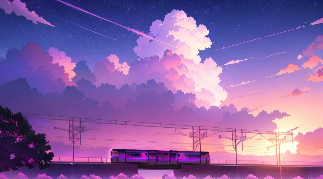 anime scene of a train passing under a pink and purple sky, beautiful anime scene, cosmic skies. by makoto shinkai, ( ( makoto shinkai ) ), by makoto shinkai, by Makoto Shinkai, anime background art, style of makoto shinkai, makoto shinkai. —h 2160, mokoto shinkai