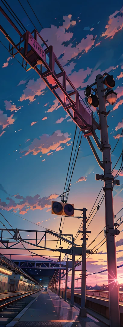anime scene of a train passing under a pink and purple sky, beautiful anime scene, cosmic skies. by makoto shinkai, ( ( makoto shinkai ) ), by makoto shinkai, by Makoto Shinkai, anime background art, style of makoto shinkai, makoto shinkai. —h 2160, mokoto shinkai