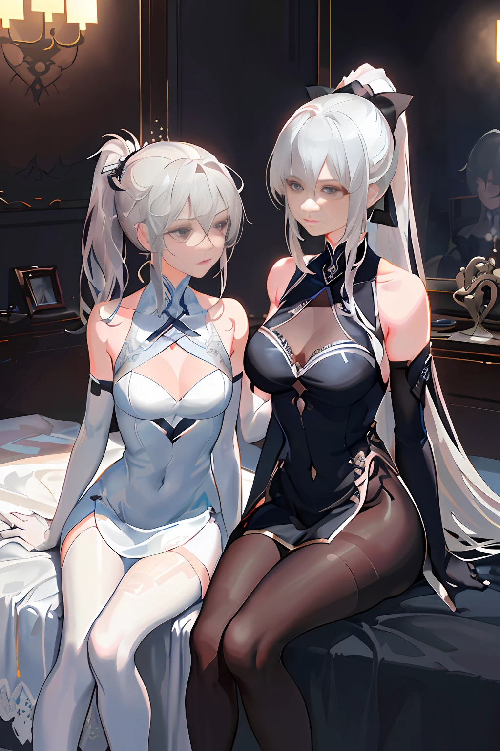 ((2 girls)), ray tracing, (dim light), [real] ((detailed background (bedroom))), ((silver hair)), ((girl with long disheveled silver hair, big boobs but a slender tall ponytail))) is in an ominous bedroom and looks away from the blonde ((and the girls are in intricately embroidered black high-slit cheongsam with pantyhose and white fur trimmelbows They are wearing gloves)), and the girls sitting are in very close contact with each other and showing off their subtlety. A supple figure, supple curves, and correct hands and feet