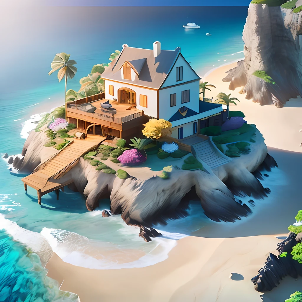 A sunny island in the blue sea with a two-storey villa, film style, golden hour light, wood, basalt, diamonds, panorama, Unreal Engine, detail, scale, masterpiece, 4K, highest quality