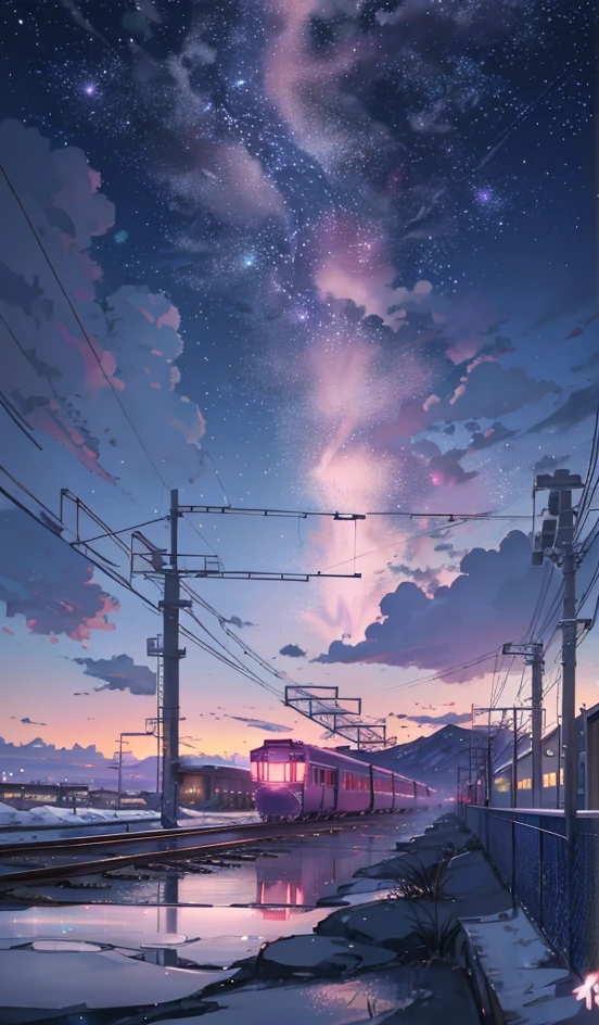 anime scene of a train passing under a pink and purple sky, an anime drawing by Makoto Shinkai, trending on pixiv, magical realism, beautiful anime scene, cosmic skies. by makoto shinkai, ( ( makoto shinkai ) ), by makoto shinkai, anime background art, style of makoto shinkai