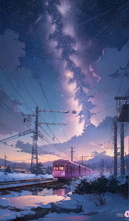 (((Makoto Shinkai style)),pixiv,anime drawing,high quality,pink purple sky,beautiful scene),(universe,train passing,magical realism,((makoto shinkai style)) ::0.8), [Artistic Atmosphere, Atmosphere:0.8, Starry Sky, Hills, Snow Mountain, Sparkling Water, Grass, Trees, Smoke, Stars, Low Angle of View, Specular Scattering,