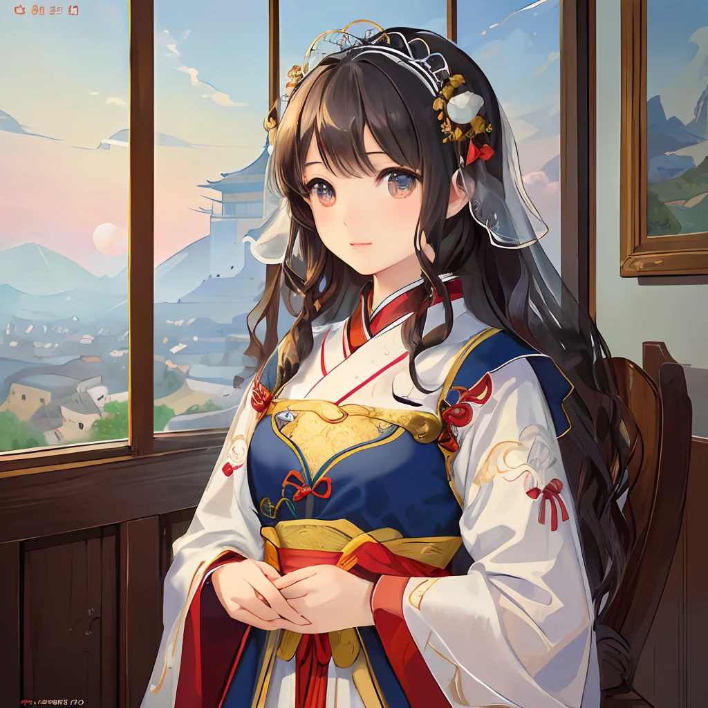 original, (masterpiece), (illustration), (extremely fine and beautiful), perfect film angle, detailed, realistic, beautiful and clear background 1 cute girl, (cute:1.1), 16 years old, detailed and beautiful eyes, Beautiful face, ancient China, Maid in Ancient Palace, with curly hair, long hair, cute, surprised expression, palace interior, standing