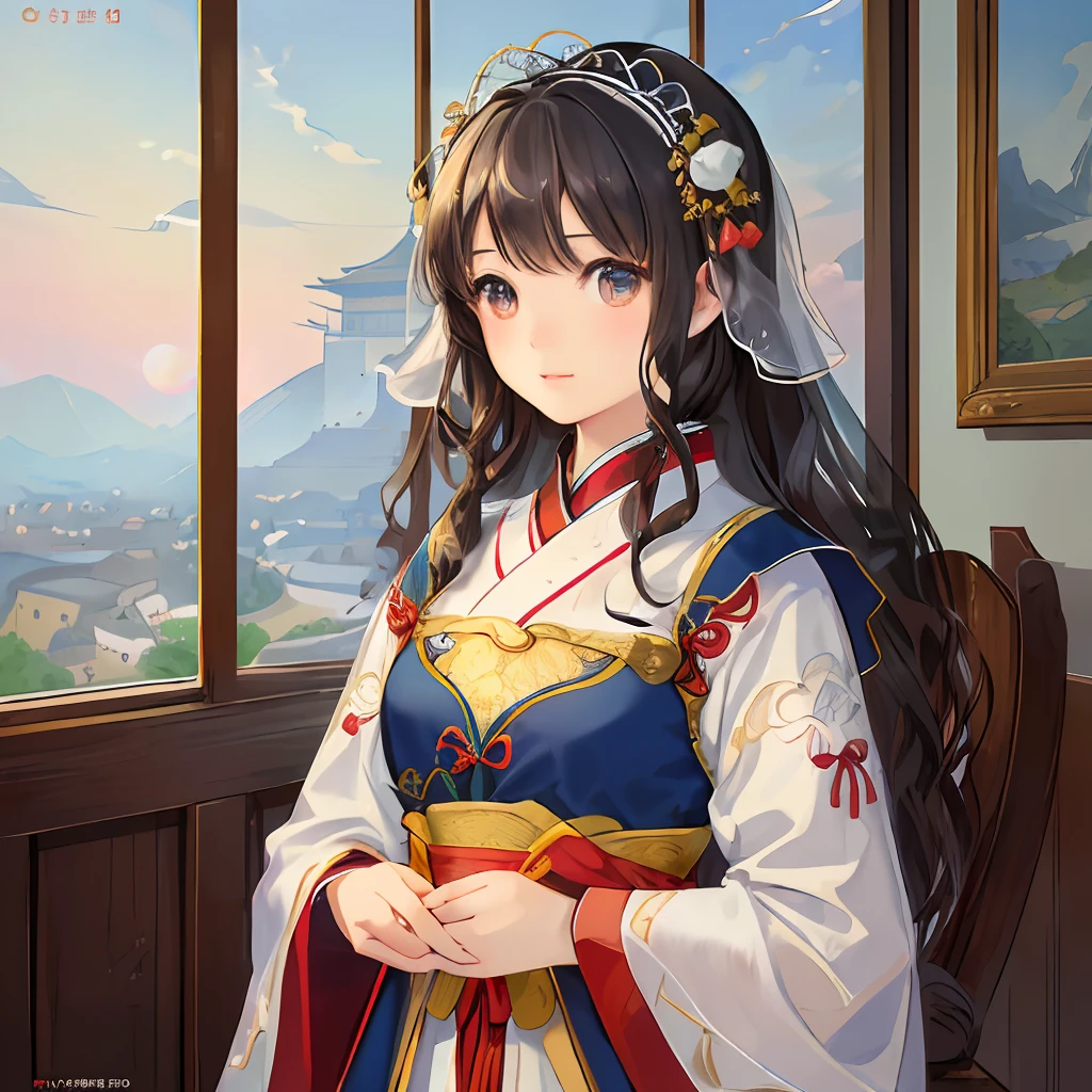 original, (masterpiece), (illustration), (extremely fine and beautiful), perfect film angle, detailed, realistic, beautiful and clear background 1 cute girl, (cute:1.1), 16 years old, detailed and beautiful eyes, Beautiful face, ancient China, Maid in Ancient Palace, with curly hair, long hair, cute, surprised expression, palace interior, standing