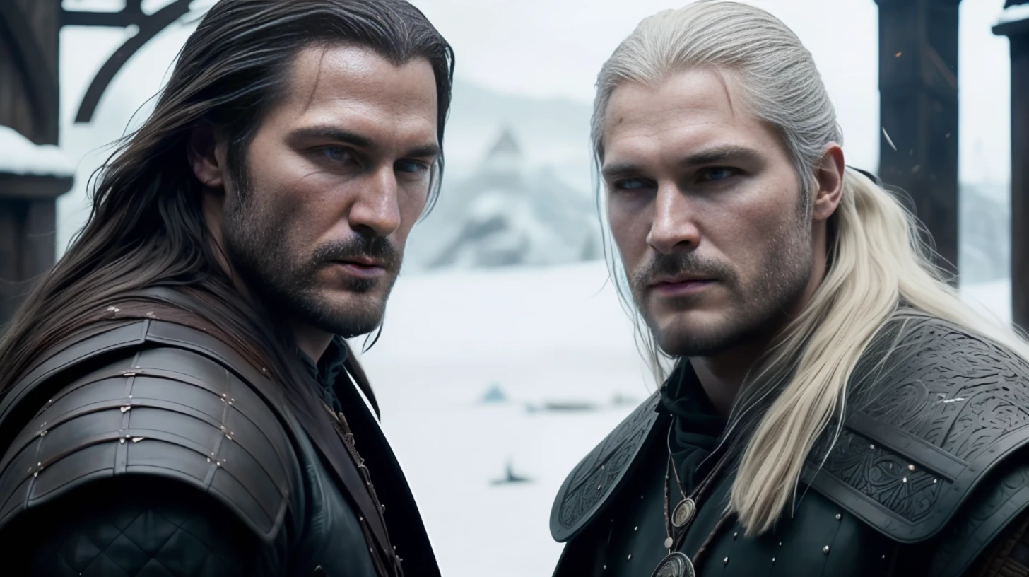 Portrait of actors Clive Standen as witcher Eskel (long black hair, long brown hair) and Travis Fimmel as Geralt of Rivia (long blonde hair), dark fantasy aesthetic, vikings, witcher armors, night around them, they are sitting, model shooting style (extremely detailed CG unity 8k wallpaper), full frame photography the most beautiful work of art in the world, professional , featured on ArtStation, featured on CGSociety, intricate, detailed, well-focused, dramatic, photorealistic art by Midjourney and Greg Rutkowski